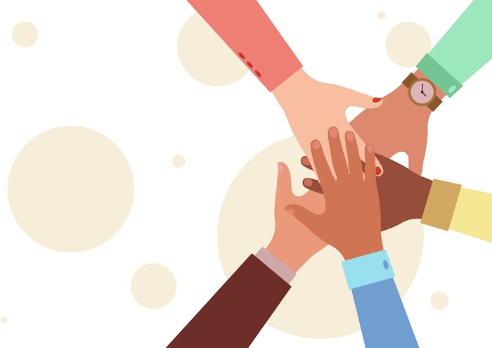 Hands of diverse group of people putting together. Concept of cooperation, unity, togetherness, partnership, agreement, teamwork, social community or movement. Flat style vector illustration.